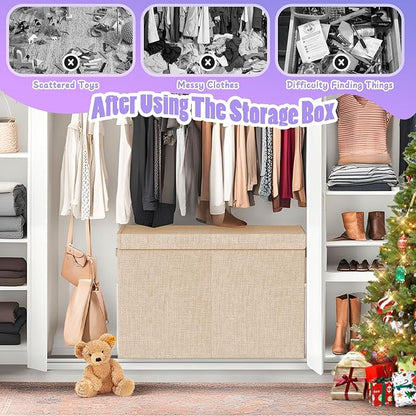 Large Toy Storage Box with Lid Divider, Sturdy Collapsible Toys Organizer Chest Kids Storage Bins Boxes Baskets for Boys, Girls, Nursery, Bedroom, Living Room, Playroom, 25"x13"x16", Beige