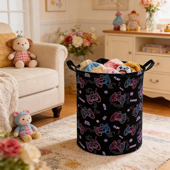 Game hamper,Waterproof foldable Kids laundry basket,Nursery Hamper,Kids Room decor,Toy organizer,Dirty clothes basket(Cute games)