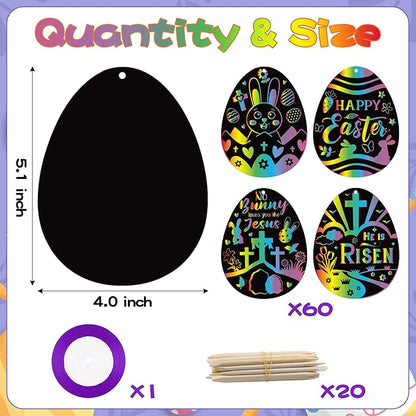 BeYumi 60Pcs Easter Eggs Scratch Cards for Kids DIY Magic Rainbow Color Craft Kit Paper Art Party Favors Christian Easter Eggs Resurrection Religious Sunday School Classroom Decorations Supplies Gifts