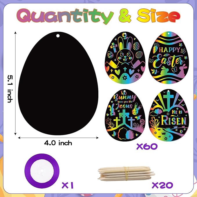 BeYumi 60Pcs Easter Eggs Scratch Cards for Kids DIY Magic Rainbow Color Craft Kit Paper Art Party Favors Christian Easter Eggs Resurrection Religious Sunday School Classroom Decorations Supplies Gifts