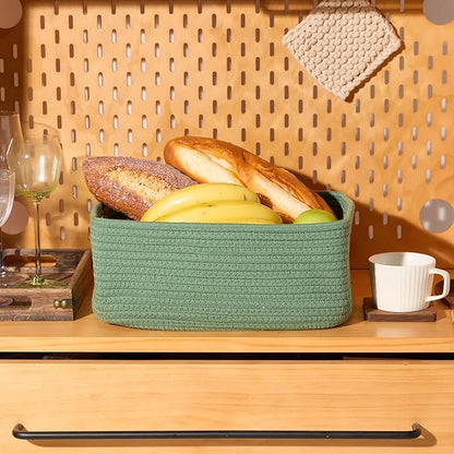 MiniArk Small Storage Baskets for Organizing | Closet Organizer Bins | Shelf Toy Basket | Woven Rope Baskets | Cube Decorative Box | Shallow Basket | 13x8.5x5.1” | 4 Packs Green