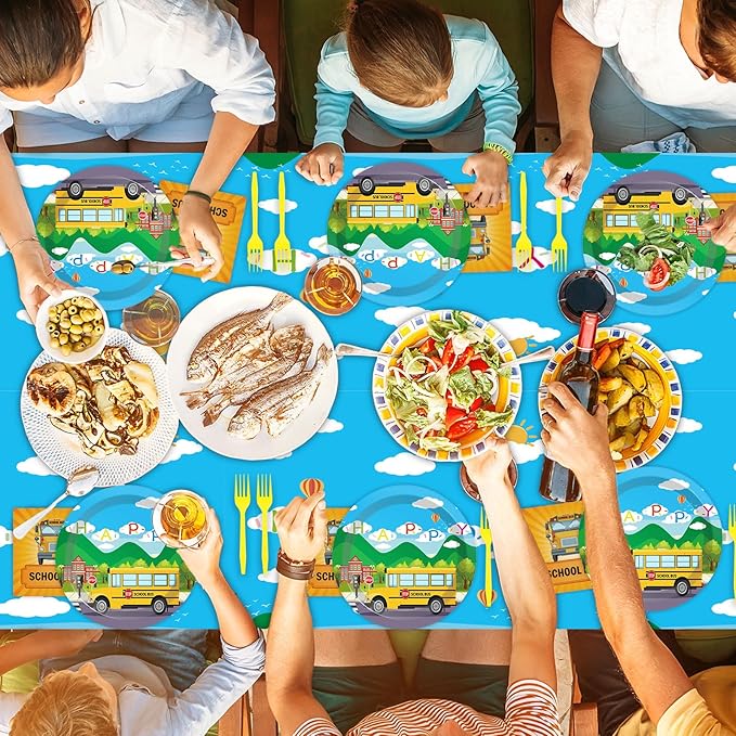 School Bus Birthday Party Supplies Back to School Decorations School Bus Theme Party Tableware Includes Plates Napkins Fork and School Bus Tablecloth for Kindergarten Parties Decorations Set Serve 20
