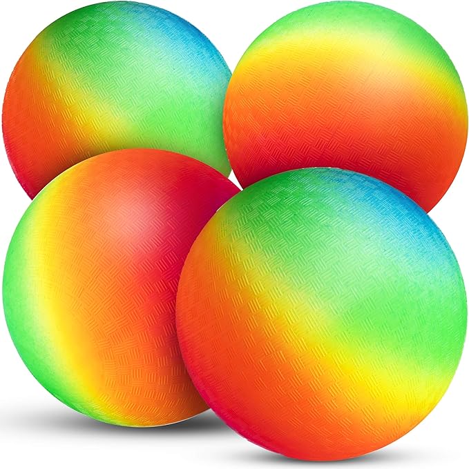 PlayBolt Rainbow Playground Balls - 8.5 Inch (Pack of 4) Rubber Bouncy Colorful Inflatable Balls for Kids and Adults, Indoor & Outdoor Games, Kickball, Dodgeball, Four Square, Dodge, Recess, Handball