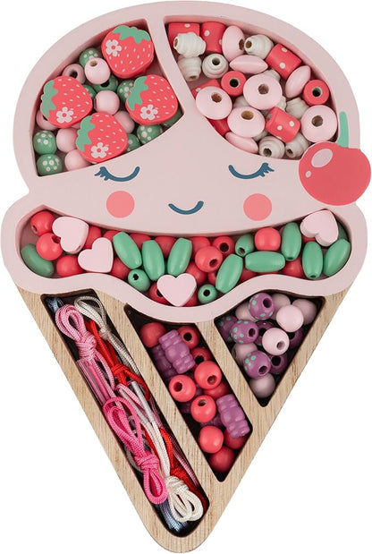 Stephen Joseph, Wooden Bead Kit for Kids, 125 Wooden Beads with 4 Necklace and 4 Bracelet Cords with Reusable Wooden Tray, Premium Wood Jewelry Making Kit for Kids, Ice Cream