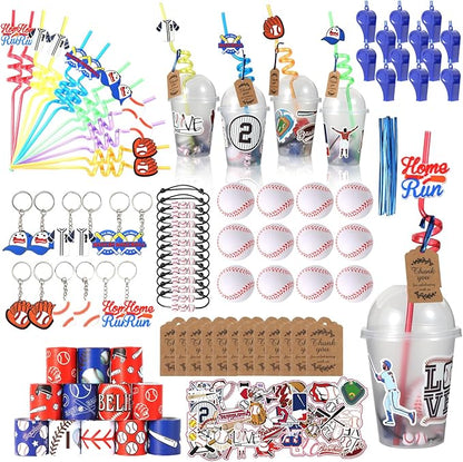 LiYiQ 158 Pcs Baseball Party Favors Baseball Party Supplies With Cup Straw Stress Ball Keychain Sticker Slaps Bracelets Whistle Thank You Tags For Baseball Birthday Decorations (Baseball)