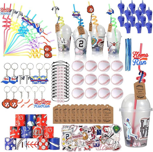 LiYiQ 158 Pcs Baseball Party Favors Baseball Party Supplies With Cup Straw Stress Ball Keychain Sticker Slaps Bracelets Whistle Thank You Tags For Baseball Birthday Decorations (Baseball)
