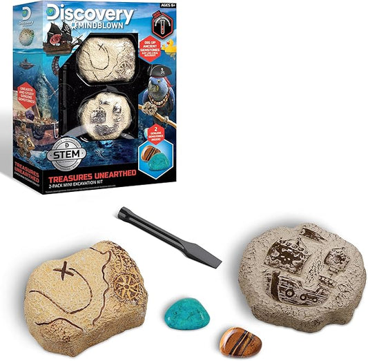 Discovery #MINDBLOWN Mini Unearthed Treasure Set, 2 Pack Excavation Kit w/Chisel, Uncover 2 Gemstones, Interactive Archaeology Geology Paleontology Experiment, Fun & Educational STEM Toy for Kids 6+
