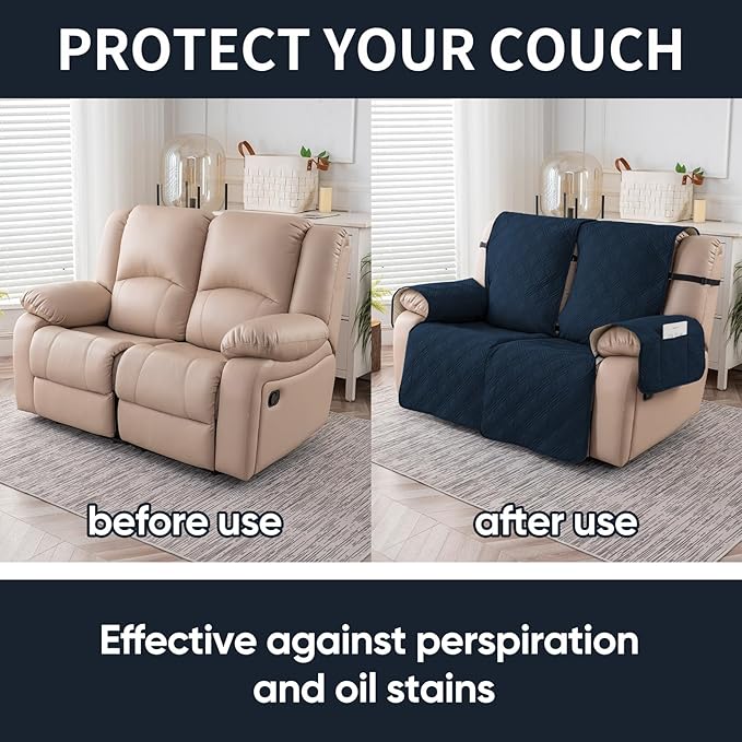 Easehomey Waterproof Loveseat Recliner Cover,Non Slip Reclining Couch Covers for 2 Seat,Dog Chair Cover Furniture Protector Washable Chair Cover with Pocket for Kids,Pets,Dogs(Dark Blue,2Seat)