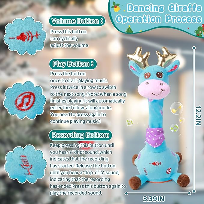 Dancing Talking Giraffe with Golden Antlers Toy, Stuffed Animal Baby Toy Repeating What You Say, Musical Toy with Golden Anlters Easter Gifts for Toddlers 1-3 Years Old (Blue Giraffe Antlers)