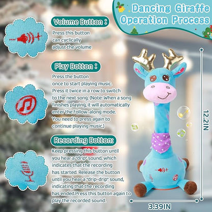 Dancing Talking Giraffe with Golden Antlers Toy, Stuffed Animal Baby Toy Repeating What You Say, Musical Toy with Golden Anlters Easter Gifts for Toddlers 1-3 Years Old (Blue Giraffe Antlers)