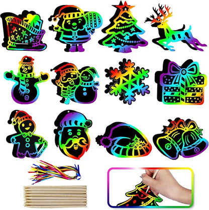 Max Fun Christmas Crafts Scratch Art for Kids, 48PCS Magic Rainbow Scratch Off Paper Cards, Christmas Ornaments Hanging Art for Kids Party Favors Supplies, Stocking Stuffers Educational Toys