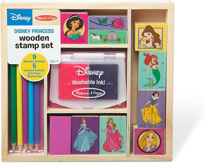 Melissa & Doug Disney Princess Wooden Stamp Set: 9 Stamps, 5 Colored Pencils, and 2-Color Stamp Pad Disney Princess Coloring, Stamps With Washable Ink, For Kids Ages 4+