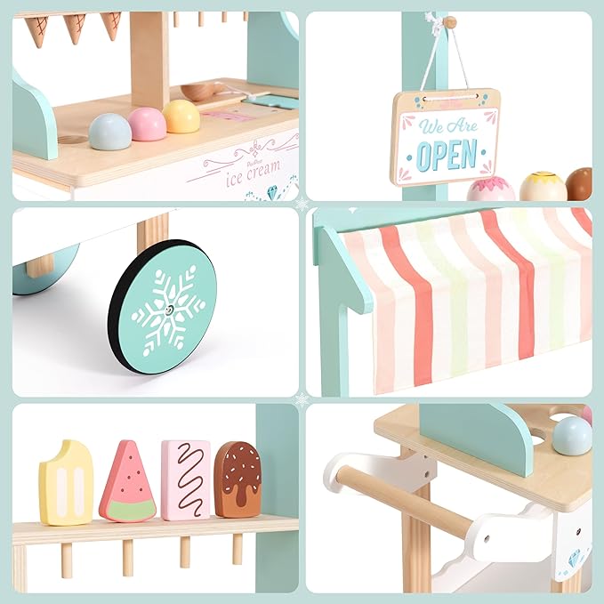 PairPear Wooden Ice Cream Cart for Kids Pretend Play Grocery Store, Ice Cream Truck with Wheels, 2 in 1 Wooden Toy Food Cart Toddler Play Kitchen Gift for Boys Girls 3+