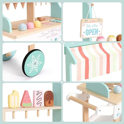 PairPear Wooden Ice Cream Cart for Kids Pretend Play Grocery Store, Ice Cream Truck with Wheels, 2 in 1 Wooden Toy Food Cart Toddler Play Kitchen Gift for Boys Girls 3+