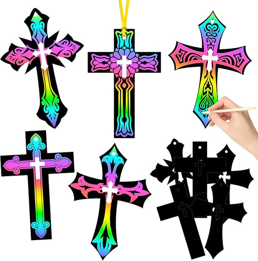 BeYumi 90Pcs Scratch Cross Ornaments DIY Magic Rainbow Color Scratch Cards Paper Art Party Favors Sunday School Classroom Decor Supplies Crafts Kit Religious Christian Birthday Gifts for Kids