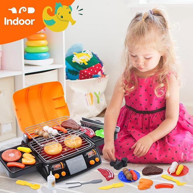 CUTE STONE Cooking Toy BBQ Set, 2 Layers Kids Grill Playset with Play Food, Pretend Smoke Sound and Light, Kitchen Accessories Utensils Toy, Outdoor Camping Barbecue Toys Gift for Toddlers Girls Boys