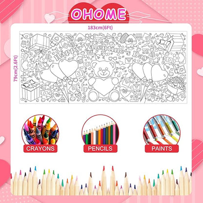 Valentines Giant Coloring Poster/Tablecloth-Valentines Day Gifts for Kids Classroom School-30 x 72 Inches Jumbo Coloring Banner Kids Crafts Games Activities Toys Decor Party Decorations