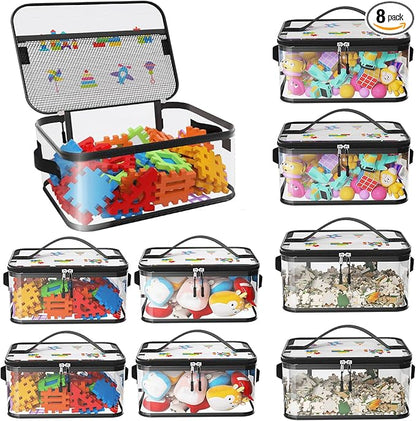 8 Packs Large Toy Storage Bags with Labels, Reusable Clear PVC Board Game Storage, Travel Waterproof Toy Organizer Bags with Name Tag and Manual Pocket for Building Blocks, Puzzle, Kids Books(L, XL)