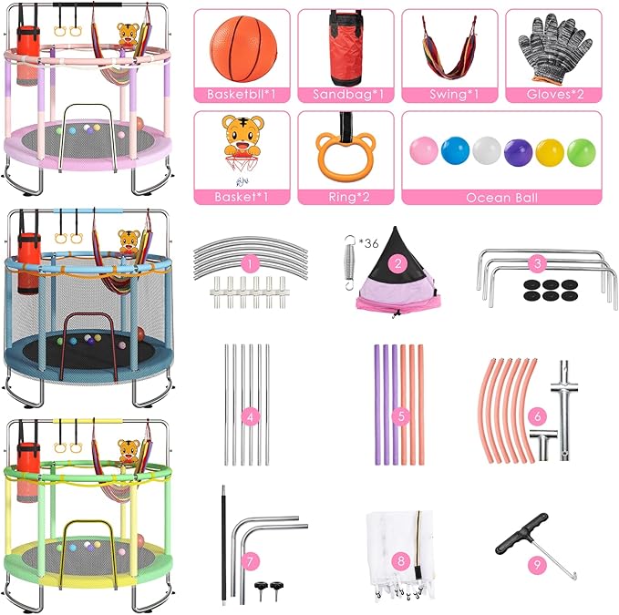 Trampoline for Kids, Upgrade Full Anti-Rust 440lbsToddler Trampoline with Net,Upgraded Ring Legs with Adjustable Gymnastics Bar&Toys, Gifts for Ages 1-8 Boys&Girls