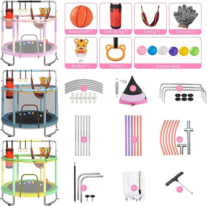 Trampoline for Kids, Upgrade Full Anti-Rust 440lbsToddler Trampoline with Net,Upgraded Ring Legs with Adjustable Gymnastics Bar&Toys, Gifts for Ages 1-8 Boys&Girls