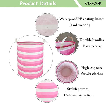 CLOCOR Pink Laundry Basket,Baby Girl Clothes Hamper for Nursery,Collapsible Toy Storage Bin with Handles, Room Decor,Waterproof Storage Basket(Pink Hamper)