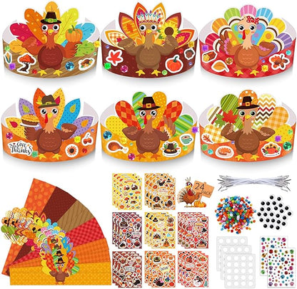 24 Set Thanksgiving Turkey Arts Crafts Kits DIY Thanksgiving Craft Headband Turkey Paper Hat with Pumpkin Fall Leaf Turkey Stickers Gems Eyes Sheets for Thankful Activities Crafts Supplies
