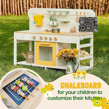 Giant bean Mud Kitchen for Kids Outdoor, Deluxe Wooden Toy Play Kitchen Set, with Sand and Water Sink, Blackboard and Kitchen Accessories for Boys and Girls Ages 3-8 Indoor & Outdoor Activities