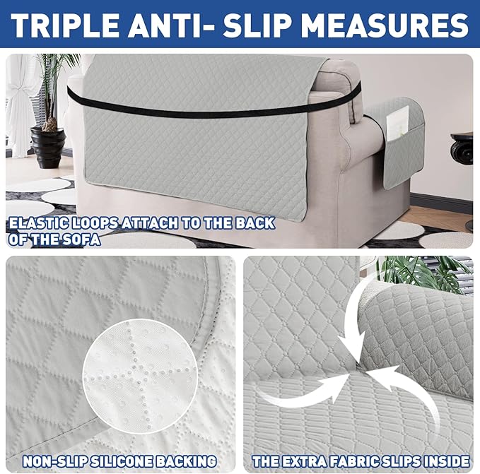 XINEAGE Quilted Sofa Cover Waterproof Couch Covers for 3 Cushion Couch, Super Soft Washable Slipcover with Pockets & Non-Slip Elastic Straps, Thick Furniture Protector (Sofa, Light Grey)