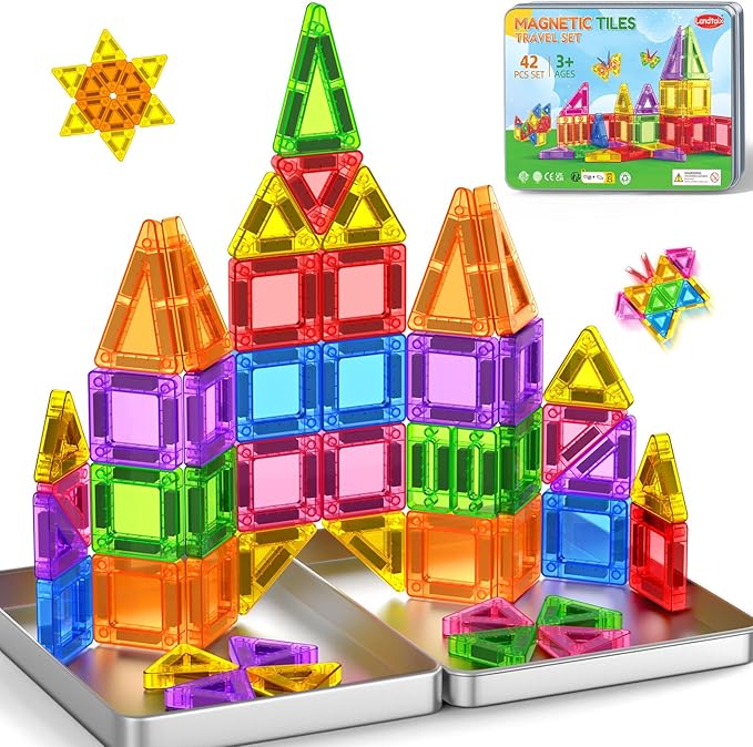 Mini Magnetic Tiles Travel Magnetic Tiles with Iron Box,42PCS Magnet Building Block Set Travel Toys for Kids Ages 3+,Educational Portable Magnet Toys Gifts for Toddlers Boys & Girls Christmas Birthday