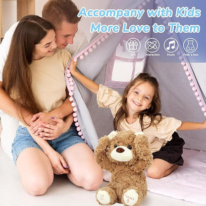 Hopearl Peek A Boo Bear Interactive Repeats What You Say Plush Teddy Bear Toy Musical Singing Talking Stuffed Animal Adorable Electric Animate Gift for Toddlers, Brown, 11''