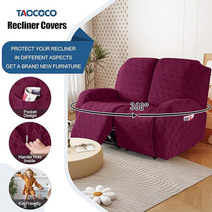 TAOCOCO Recliner Loveseat Cover, Stretch Jacquard Reclining Loveseat Cover Furniture Protector Sofa Slipcovers 2 Seat Recliner Covers with Elastic Bottom for Kids, Pets (Burgundy)