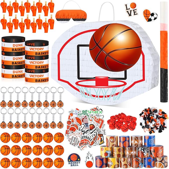 162 Pcs Basketball Piñata Basketball Party Favors with Blindfold Confetti Bat Stress Balls Keychains Wristbands Whistles Eraser Slap Bracelet Stickers Sports Piñata Birthday Party Decoration