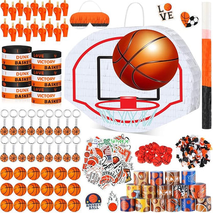 162 Pcs Basketball Piñata Basketball Party Favors with Blindfold Confetti Bat Stress Balls Keychains Wristbands Whistles Eraser Slap Bracelet Stickers Sports Piñata Birthday Party Decoration