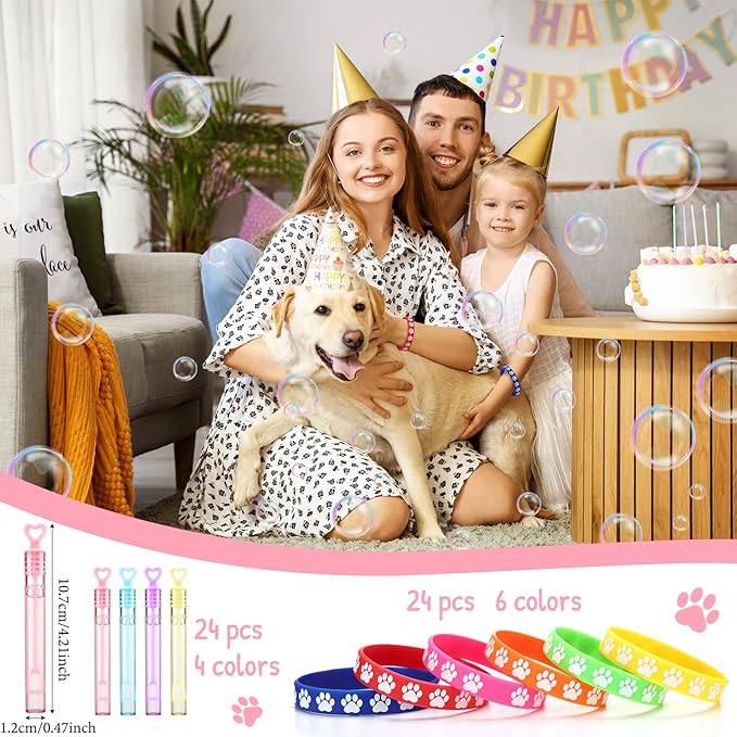 150 Pcs Paw Print Party Favors Cute Puppy Party Favors Paw Print Party Bags Paw Print Keychain Bubble Wands LED Finger Lights Silicone Bracelet DIY Stickers Boys Girl Dog Birthday Party Gift