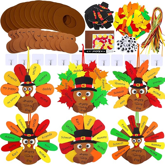 Winlyn 12 Sets Thanksgiving Wreath Signs Decorations Art Sets DIY Thanksgiving Craft Kits Give Thanks Turkey Fall Maple Leaf Foam Stickers Googly Eyes for Kids Party School Home Classroom Activities