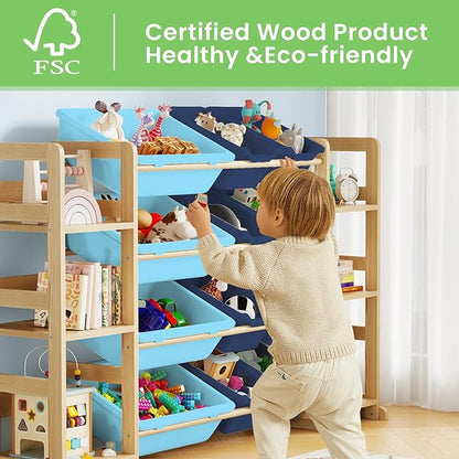 EXPERLAM Extra Large Toy Storage - Toy Storage Organizer, Wooden Toy Organizer with 6 Side Shelves and 12 Bins, 3-in-1 Bookshelf for Kids Rooms, Bedroom, Playroom, Nursery, Blue