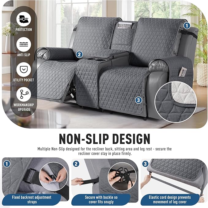 TAOCOCO 100% Waterproof Recliner Cover -Loveseat Recliner Cover with Center Console,Non-Slip Reclining Couch Covers for 2 Seat,with Elastic Straps Pocket for Kids, Dogs (Dark Gray, 2 Seater XL)