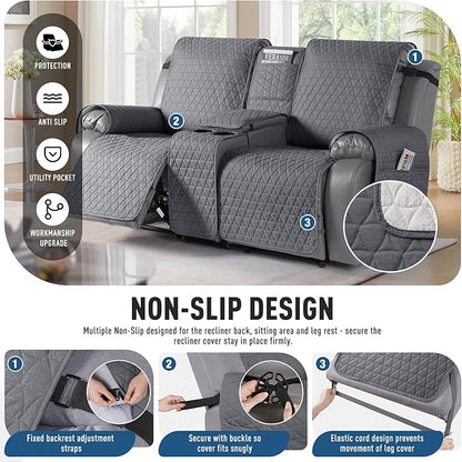 TAOCOCO 100% Waterproof Recliner Cover -Loveseat Recliner Cover with Center Console,Non-Slip Reclining Couch Covers for 2 Seat,with Elastic Straps Pocket for Kids, Dogs (Dark Gray, 2 Seater XL)