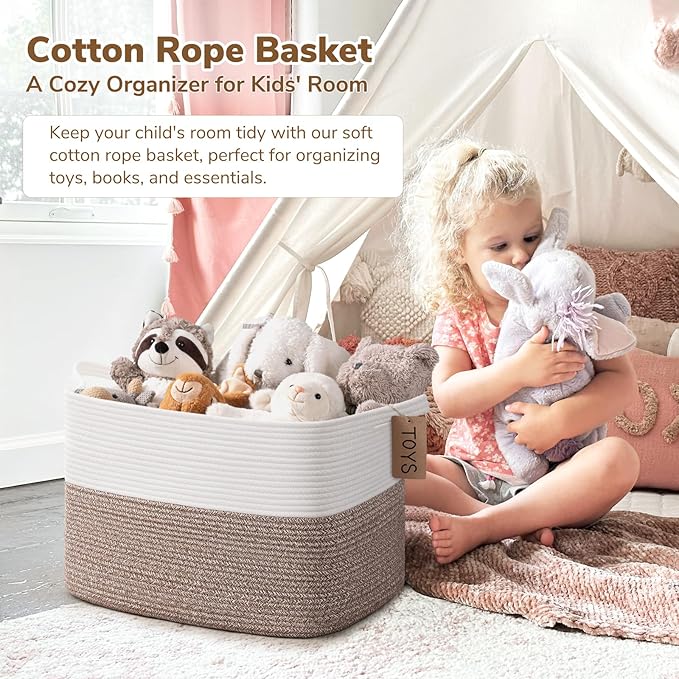 Goodpick Woven Storage Baskets for Organizing 18" x 14" x 12" Large Blanket Basket for Living Room Bedroom, Rectangle Cotton Rope Basket with Handles, Toy Baskets Storage Kids, Brown