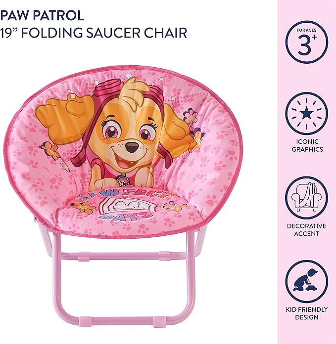 Idea Nuova Paw Patrol Skye Toddler 19” Folding Saucer™ Chair with Pink Metal Frame, Ages 3+