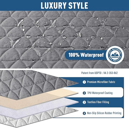 TAOCOCO 100% Waterproof Recliner Cover -Loveseat Recliner Cover with Center Console,Non-Slip Reclining Couch Covers for 2 Seat,with Elastic Straps Pocket for Kids, Dogs(Light Gray, 2 Seater XL)