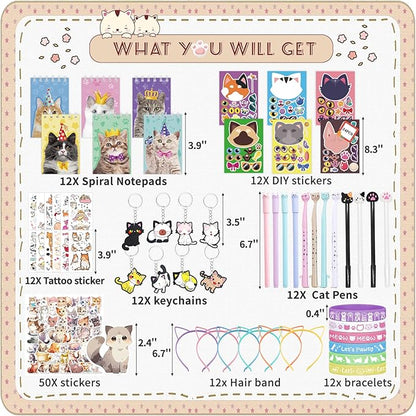 134Pcs Cat Party Favors Set for Kids Cat Themed Birthday Party Supplies With Cat Headband Spiral Notepads Pens Keychains Tattoo Cat DIY Face Stickers Silicone Bracelets Cat Favors for Girls Kids Party