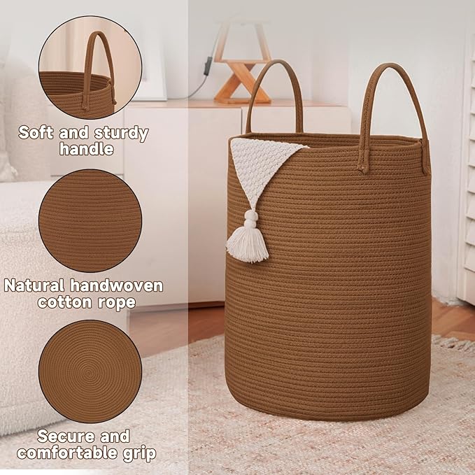 JMvicyroam Large Woven Laundry Basket Hamper,100L Cotton Rope Storage Bin for Blankets,Toys and Clothes,Decorative Tall Nursery Hamper for Living Room,Baby Nursery,Bathroom and Bedroom,Golden Jute