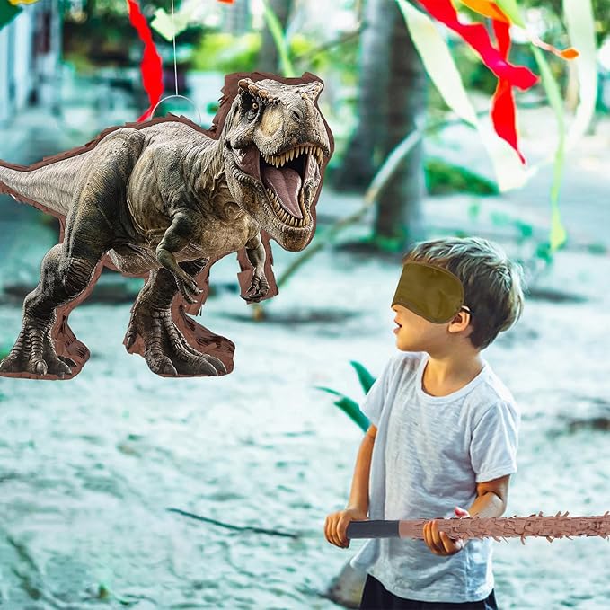 142 Pcs Dinosaur Piñata Party Set - Small Jungle Dinosaur Piñata Set with Blindfold and Bat Include Kids Dinosaur Themed Party Favors for Boys and Girls(Small Size Piñata 14.5”x12.5”x3”)