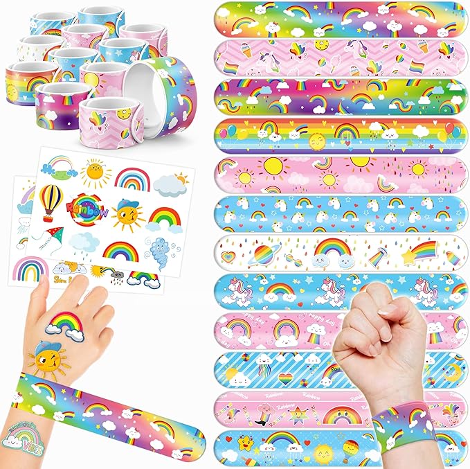 48PCS Rainbow Party Favors - 24PCS Tattoos & 24PCS Slap Bracelets - Unicorn & Rainbow Birthday Supplies, Magical Baby Shower Decorations, Classroom Prizes, Gifts for Girls