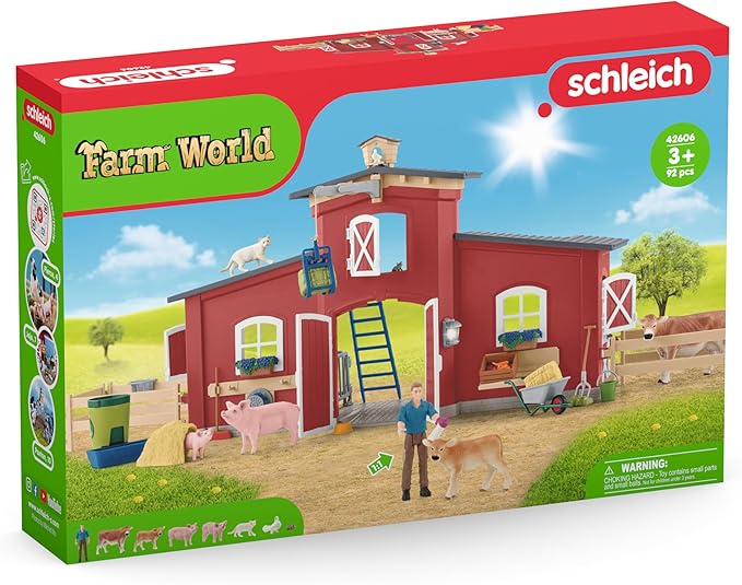 Schleich Farm World Animal Farm Playset with Figurine and Accessories - 92pc Kids Animal Farm Playset with Cow, Horse, Pig, Bull, and Accessories for Boys and Girls, Gift for Kids Age 3+, Red