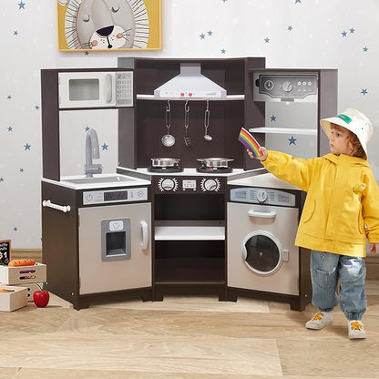 TaoHFE Corner Play Kitchen with Lights & Sounds Brown Kitchen Kids Toddler Kitchen Set with Washer, Chalkboard Wooden Kitchen Kids Playset with Washing Machine Range Hood Boys Gift for Ages 3+