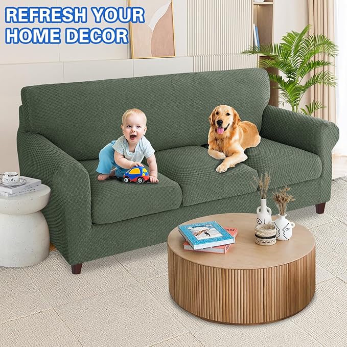 MAXIJIN 4 Piece Couch Covers for 3 Cushion Couch Super Stretch Non Slip Couch Cover for Dogs Pet Friendly Elastic Jacquard Furniture Protector Sofa Slipcovers (Sofa, Army Green)