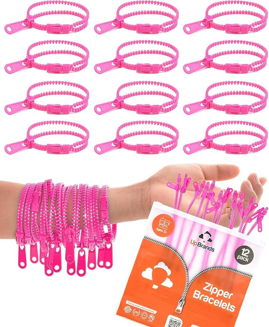 UpBrands 12-Pack Pink 7-Inch Zipper Bracelets – Thoughtful Fidget Party Favors for National Pink Day, Bulk Sensory Toys for Anxiety, and Stylish Accessories for Breast Cancer Awareness Month