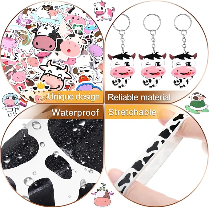 Chunful 148 Pcs Cow Party Favors Supplies Include Cute Cow Keychain Cow Print Gift Bag Elastic Cow Silicone Bracelets Cow Stickers Cow Animal Print Stickers for Kids Girl Shower Birthday(White)